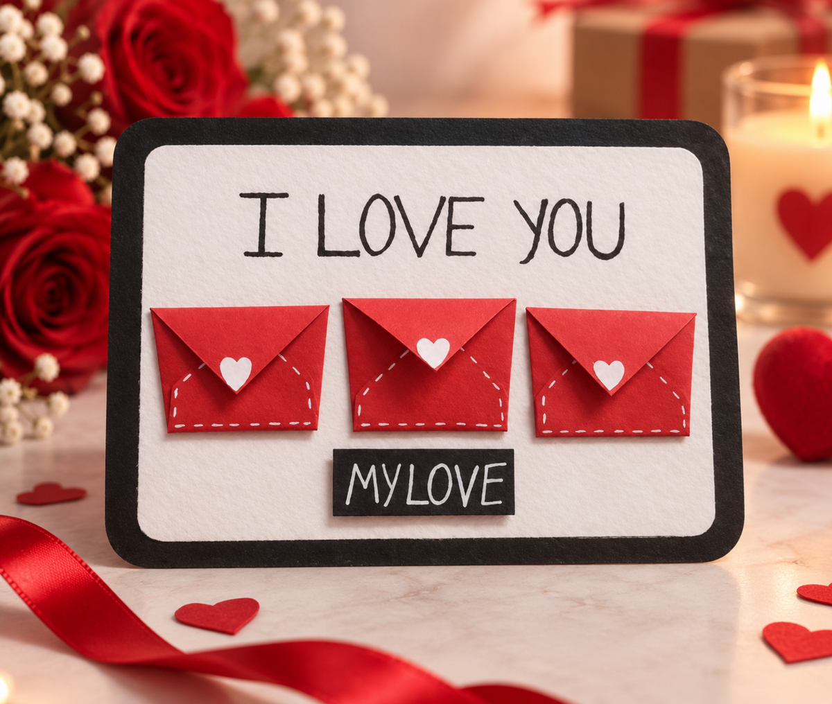 A handmade Valentine's Day card with a black border and white background, featuring three red paper envelopes with small white hearts and the text 'I LOVE YOU' and 'MY LOVE'. The card is displayed on a marble surface with red roses, a lit candle, and red heart decorations in the background.