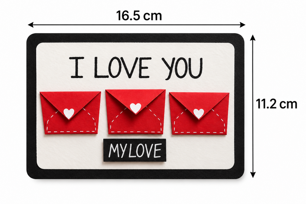 A rectangular decorative plaque or sign with a black border, white background, the words “I LOVE YOU” at the top, three red envelope shapes with small white hearts across the middle, and a small black label reading “MY LOVE” at the bottom. Measurement arrows and labels indicate dimensions 16.