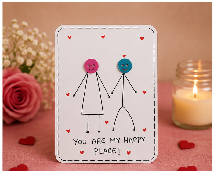 A handmade white greeting card with a black stitched border, featuring a minimalist stick figure couple with pink and blue buttons for heads, surrounded by small red hearts. The card reads 'YOU ARE MY HAPPY PLACE!' in black text.