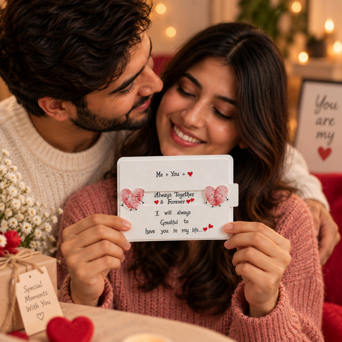 A smiling couple holds a small white Valentine's card together in a cozy indoor setting with warm string lights and a gift box in the background. The card has pink heart illustrations and a handwritten message about being grateful for each other.