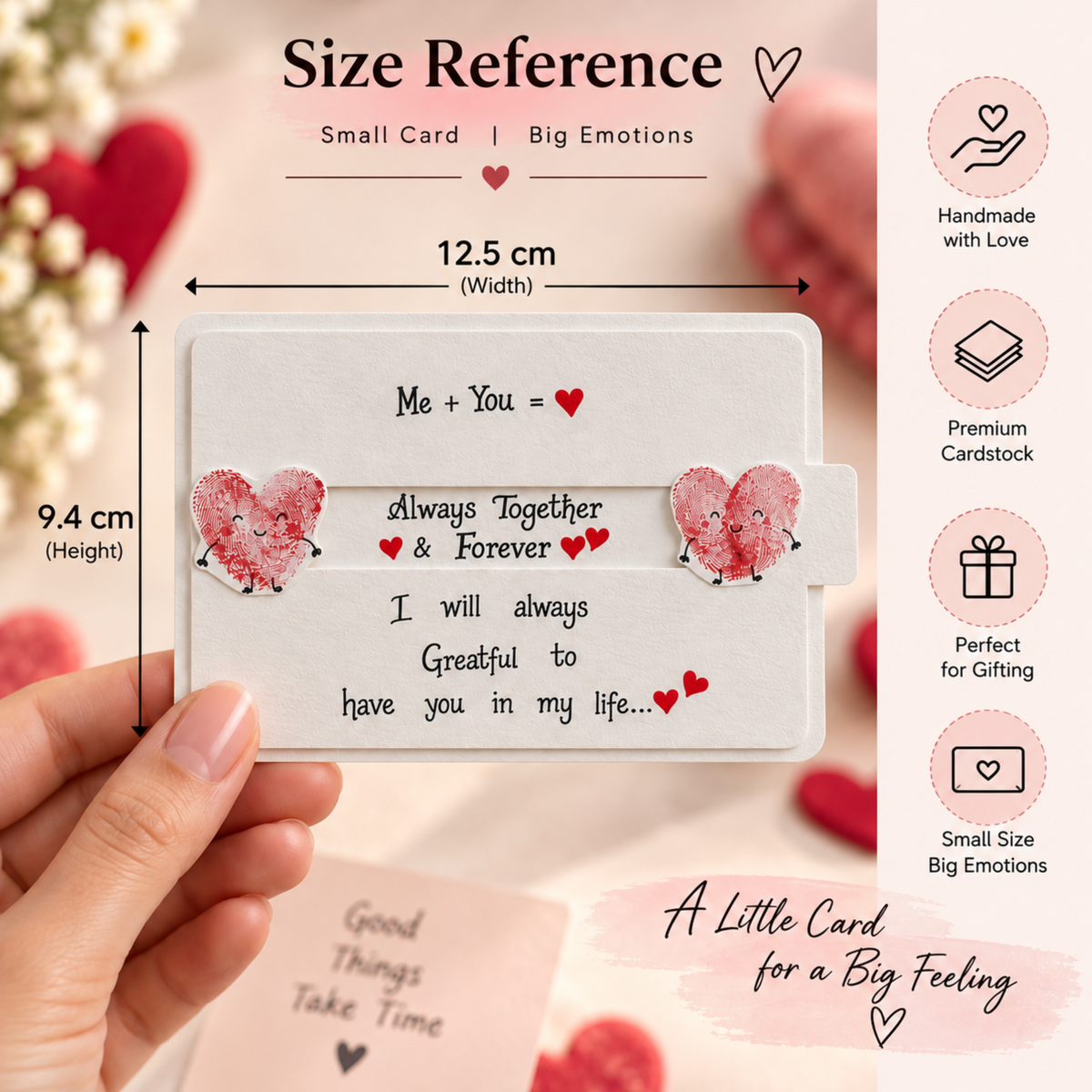 A hand holds a small personalized card with printed text and pink heart graphics, shown over a romantic blurred background with heart decorations. The image includes size reference labels indicating 12.