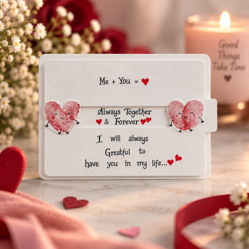 A white rectangular card with a sliding message slot, printed with a romantic Valentine's message and decorated with two red heart-shaped fingerprint stickers. The card is styled on a marble surface with a lit candle, red hearts, and baby's breath flowers in the background.