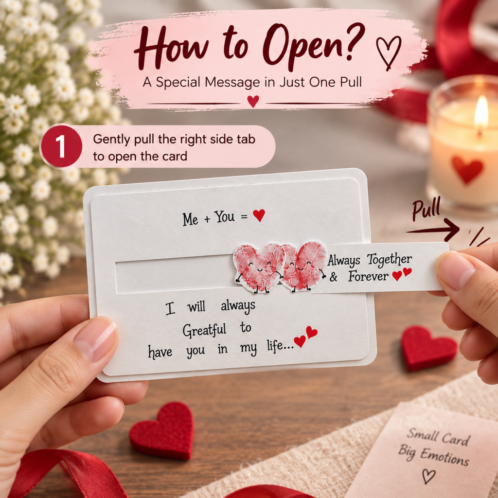 A close-up of hands holding a small white message card with a pull tab, shown with instructional text overlays explaining how to open it. The card has heart-shaped fingerprint designs and printed sentimental text.