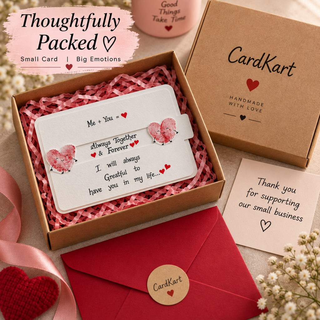 A gift set featuring a white 'Me + You' card with pink heart illustrations, nestled in pink shredded paper inside a brown CardKart box, alongside a red envelope and a handwritten thank-you note on a neutral background.