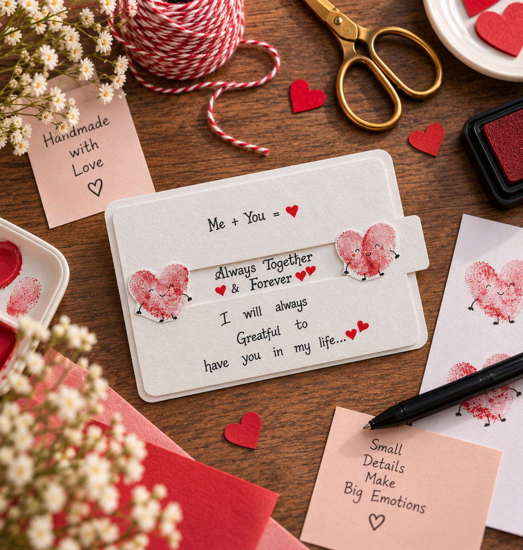 A handmade white card with red heart-shaped fingerprints and printed text, styled on a wooden desk with Valentine's themed craft supplies including scissors, red hearts, tape, and notes.