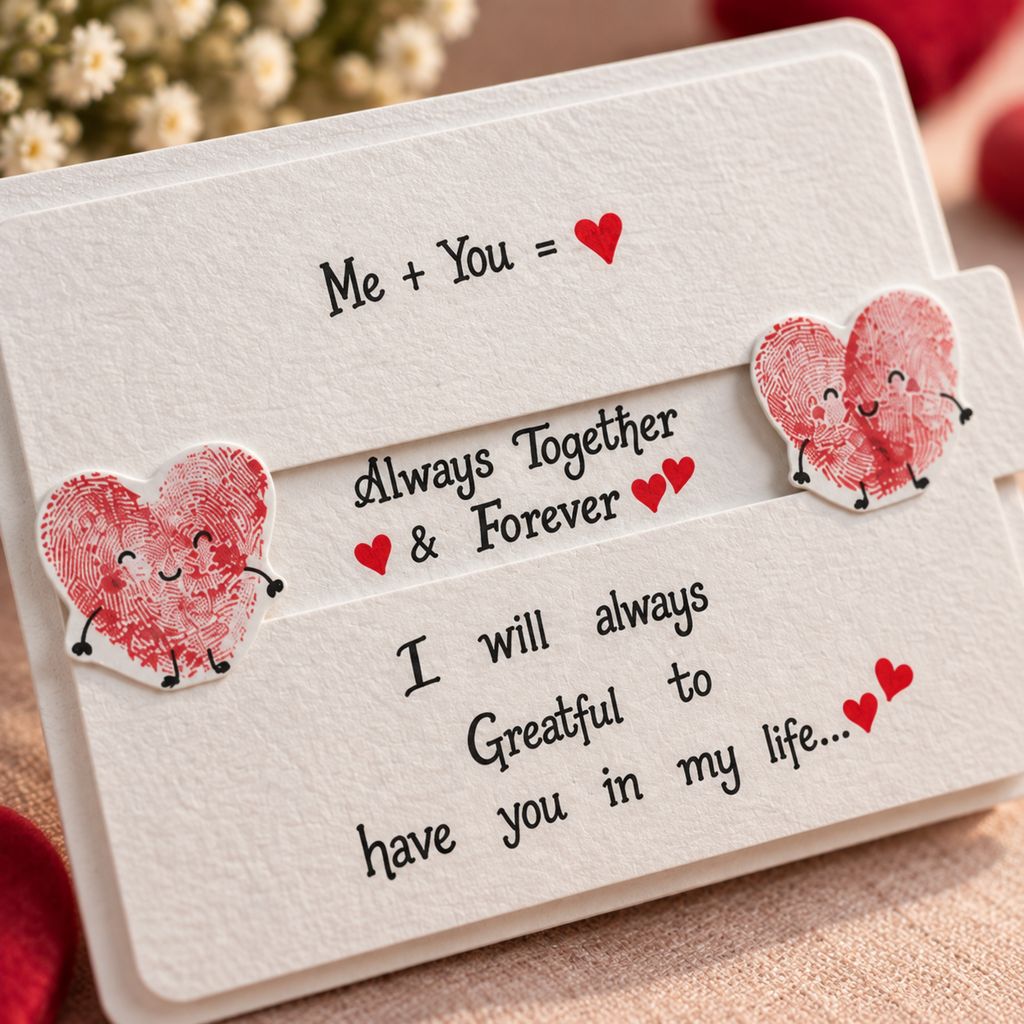 A close-up of a white textured card with printed black text and small red heart accents, decorated with two red fingerprint heart stickers. The card is photographed on a soft beige fabric surface with blurred flowers in the background.