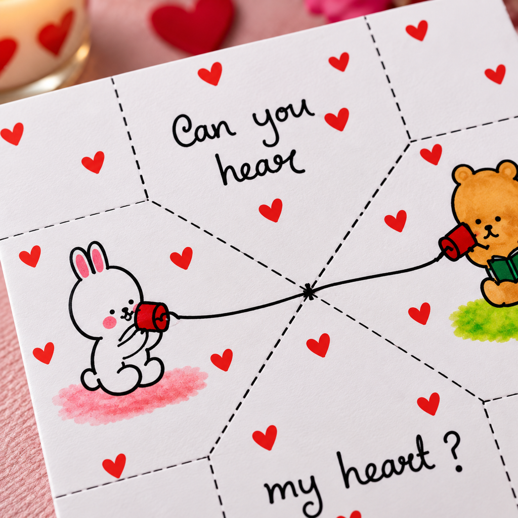A close-up of a white card with heart-shaped panels, dotted line borders, and cute illustrations of a white bunny and a brown bear holding red heart-shaped cups. The card includes handwritten text reading 'Can you heart my heart ?' and is photographed on a pink surface with blurred red hearts in the background.