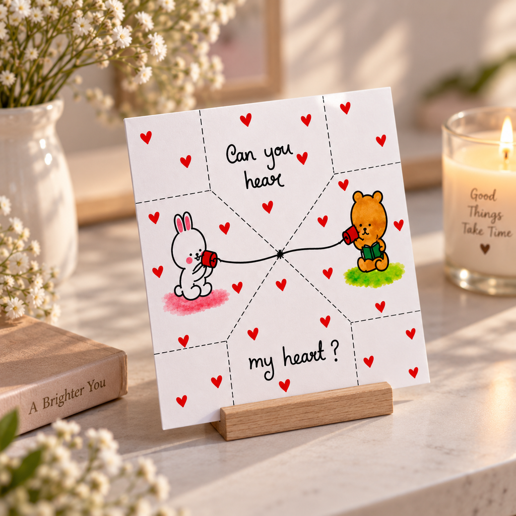 A square white greeting card with a cartoon bunny and bear connected by a string, surrounded by small red hearts and the words 'Can you hear my heart?', displayed on a small wooden stand on a tabletop with flowers and a lit candle in the background.