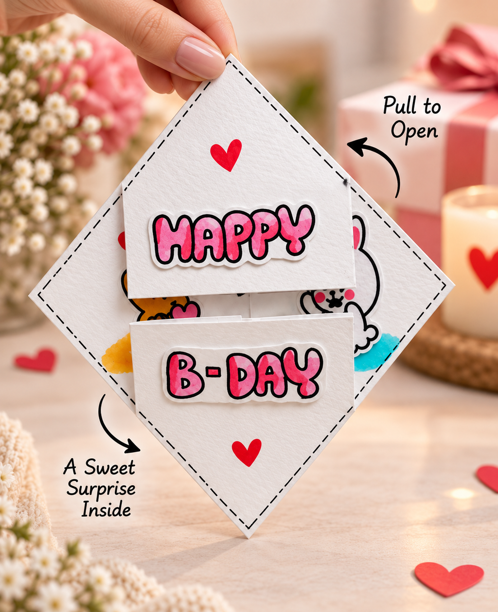 A hand holds a white pull-tab surprise card with pink 'HAPPY B-DAY' lettering and small red hearts. The card has arrows and text callouts showing how to open it, with a blurred pink gift box, candle, and flowers in the background.