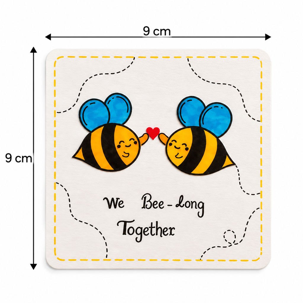 Square decorative plaque or coaster with rounded corners, shown on a white background with dimension arrows indicating 9 x 9 cm. The design features two cartoon bees holding a small red heart above the words 'We Bee-long Together.