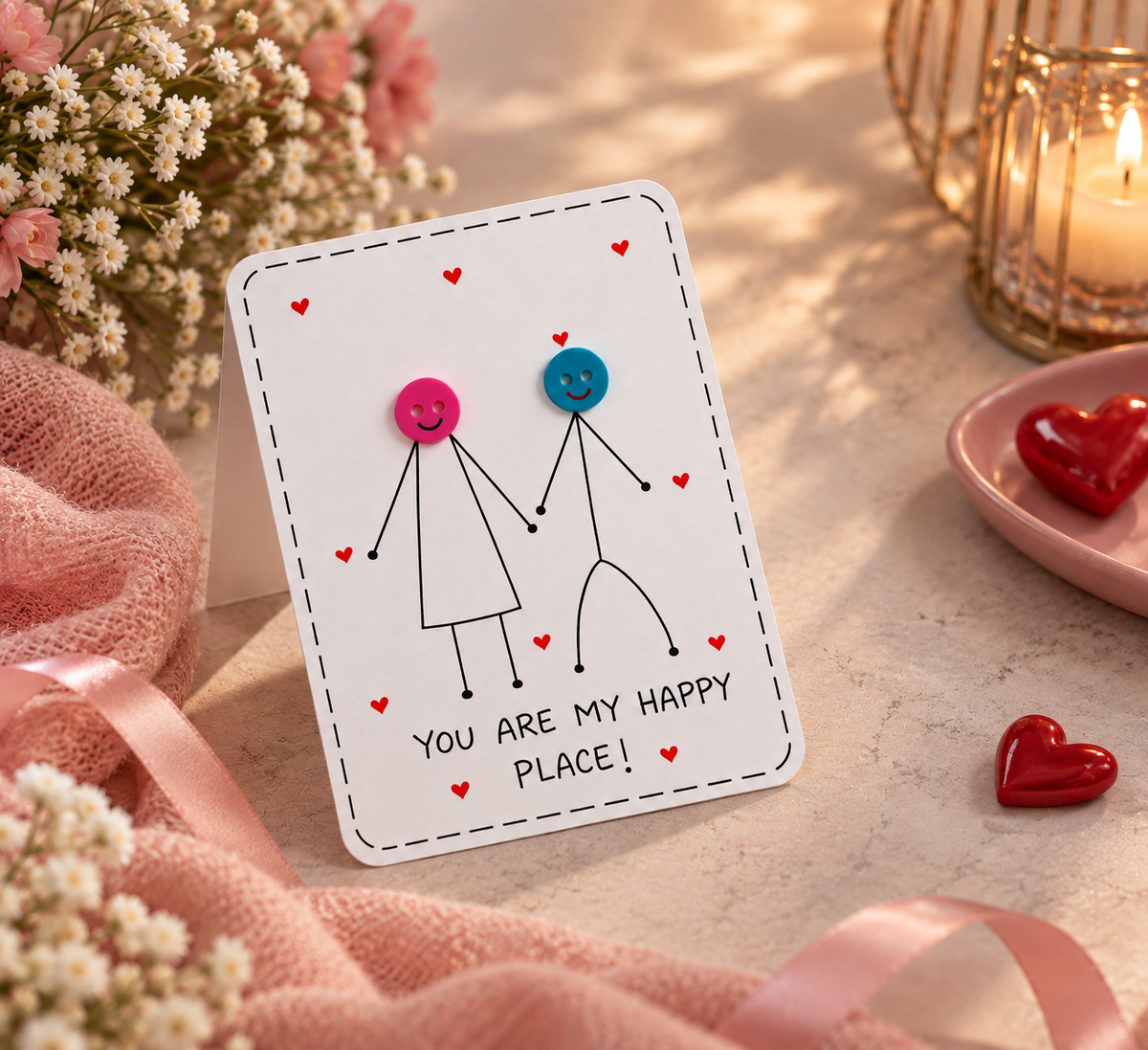 A square white greeting card with a hand-drawn stick figure couple holding hands, decorated with small red hearts and the text 'YOU ARE MY HAPPY PLACE!'. The card is styled on a light surface with pink fabric, dried flowers, a lit candle in a gold holder, and red heart decorations.