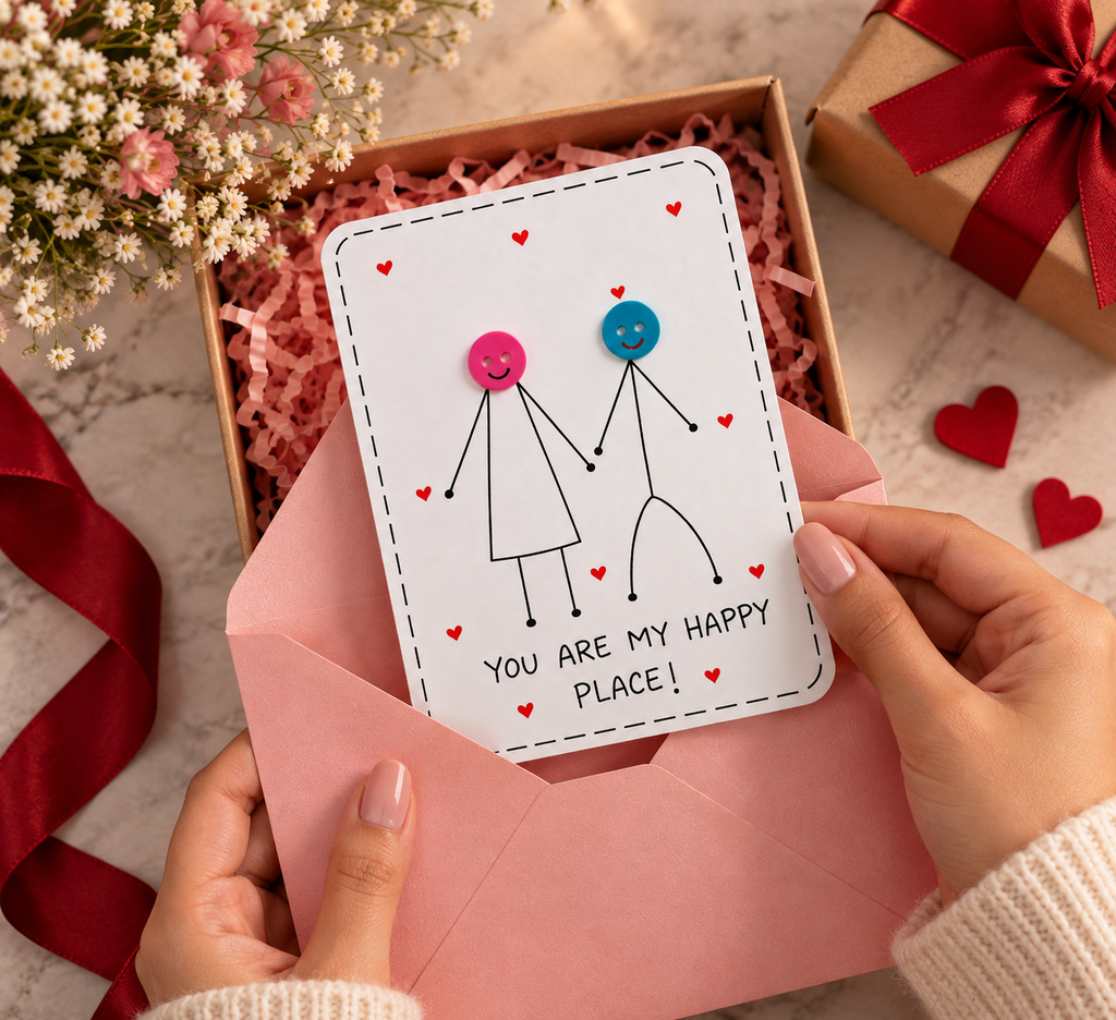 A handmade-style Valentine's Day card with a stick-figure illustration and the text 'YOU ARE MY HAPPY PLACE!' is held by two hands inside a pink envelope. The card is placed in a brown gift box filled with pink shredded paper, surrounded by red ribbons, small red hearts, and dried flowers on a marble surface.