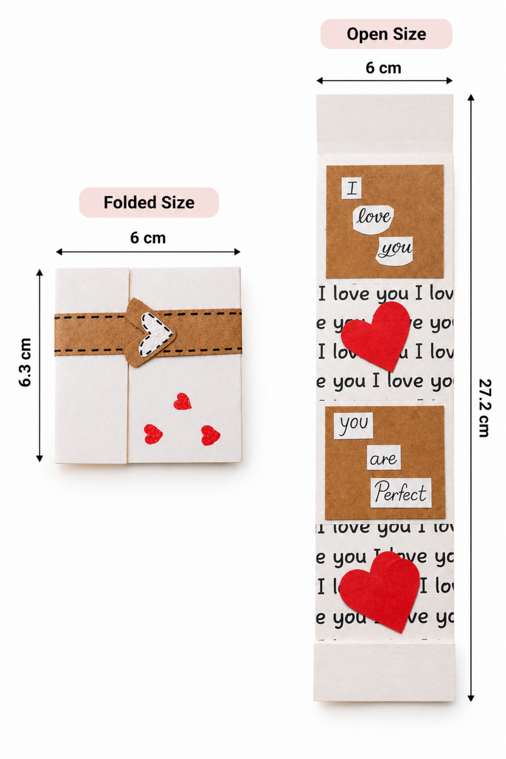 A Valentine's Day greeting card shown in both folded and open sizes with dimension labels. The folded size is 6 cm by 6.