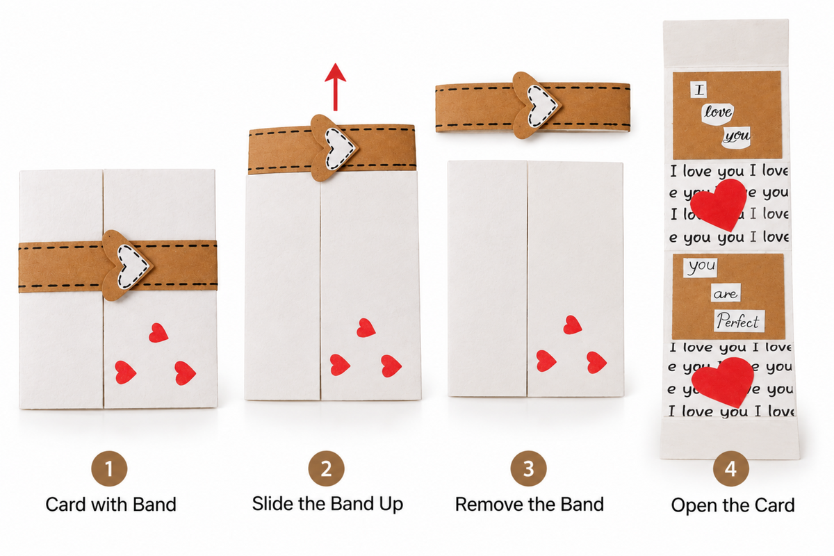 How to open You Are Perfect handmade greeting card by sliding the decorative band upward to remove it before opening the card