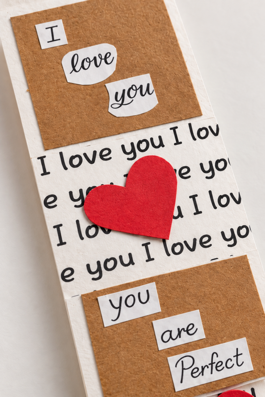 A close-up of a handmade greeting card or book cover featuring brown kraft paper panels, white paper cutouts with words like 'I love you' and 'you are perfect', and a red felt heart on a white background with printed black text.