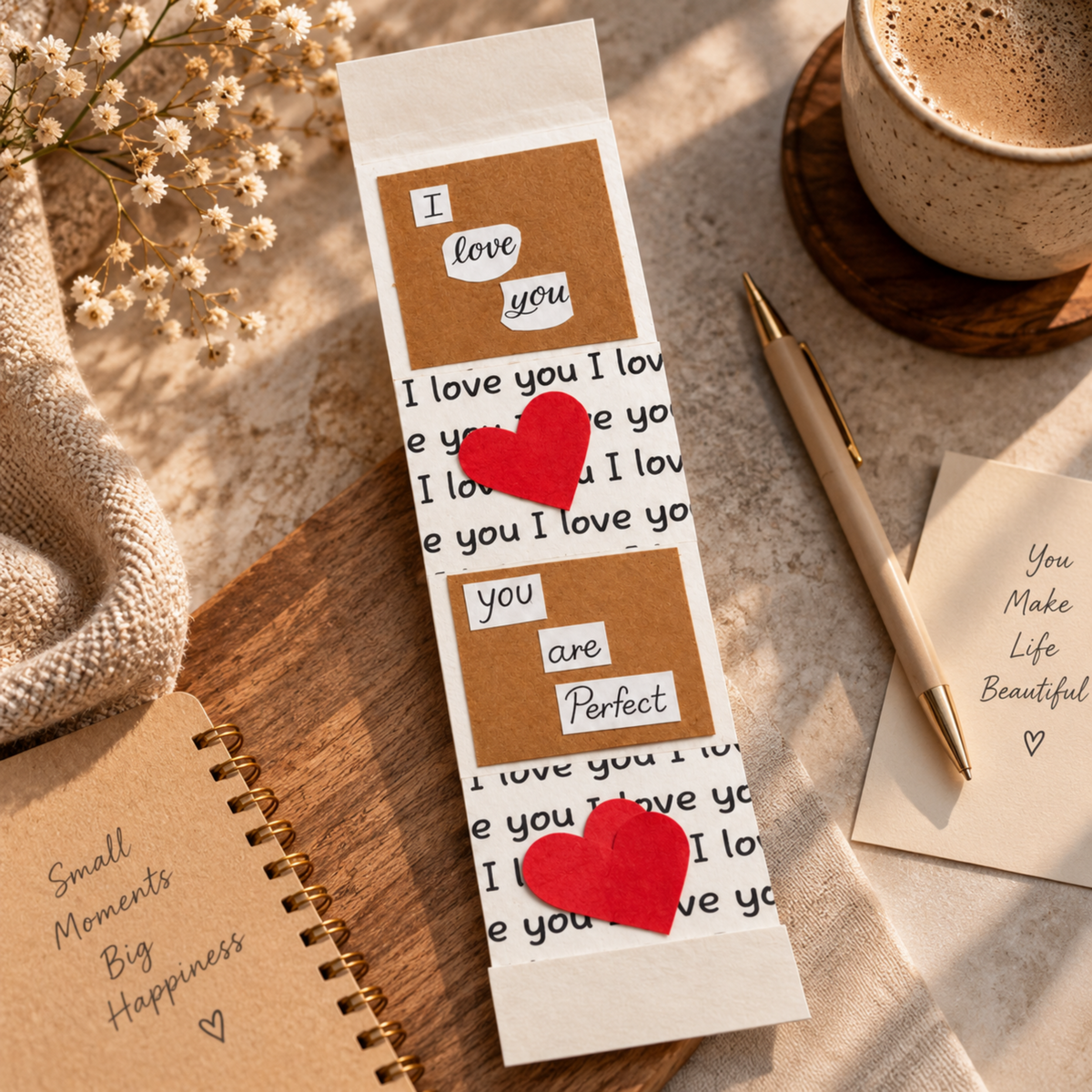 A long white paper bookmark or card with printed phrases like 'I love you' and 'you are perfect,' decorated with two brown rectangular patches and two red heart cutouts, styled on a tabletop with a pen, cup of coffee, notebook, and dried flowers.
