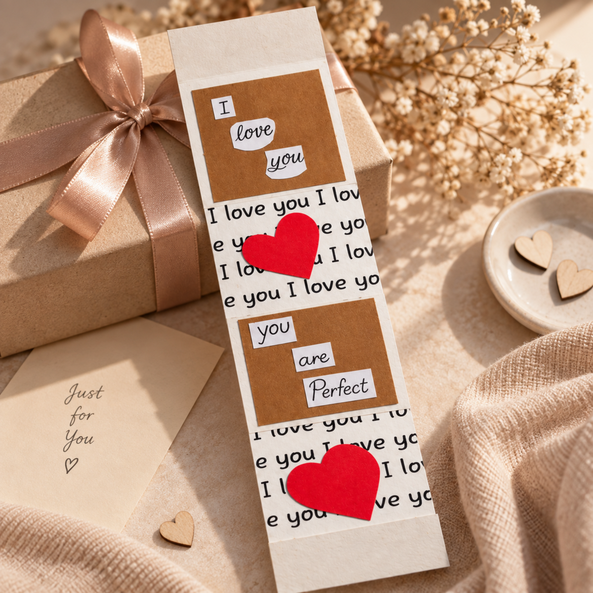 A handmade paper bookmark or note card with layered brown kraft paper rectangles, white handwritten labels, and red heart cutouts, styled beside a wrapped gift box, beige fabric, dried flowers, and small wooden hearts.