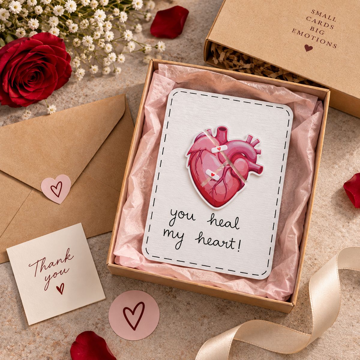 A heart-themed gift box containing a white card with a pink anatomical heart illustration and the words 'you heal my heart!'. The box is surrounded by a kraft envelope, a small thank-you card, rose petals, dried flowers, and a ribbon on a neutral surface.