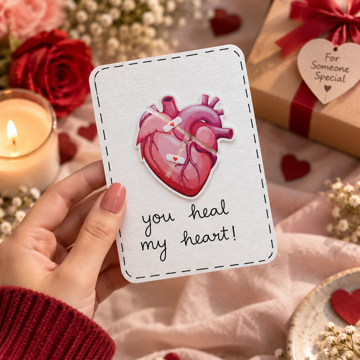 A hand holds a white rectangular card with a pink anatomical heart illustration and the text 'you heal my heart!' in black script. The scene is styled with red roses, a lit candle, heart-shaped decorations, and a gift box in the background.
