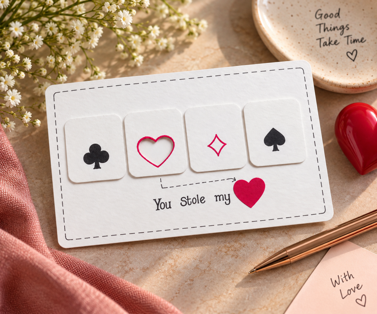A white square card with four raised playing-card suit icons (club, heart, diamond, spade) and the phrase 'You stole my' above a red heart, styled on a beige surface with flowers, a pink cloth, a red heart-shaped object, and a pen.