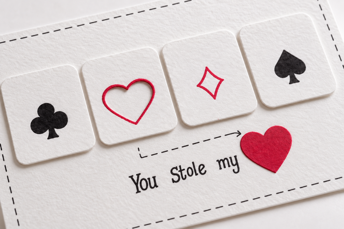 Close-up of handmade You Stole My Heart card showing raised suit symbols, heart details and paper texture