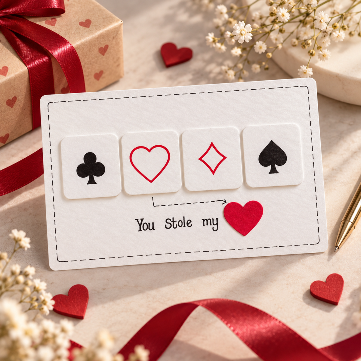 Instagram-style lifestyle photo of You Stole My Heart handmade romantic greeting card for boyfriend girlfriend or partner