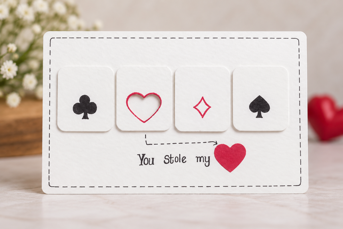 A white rectangular card with a dashed border, featuring four playing card suit icons in black and red, plus the printed phrase 'You stole my' and a red heart. The card is photographed on a light surface with blurred flowers and a red heart in the background.