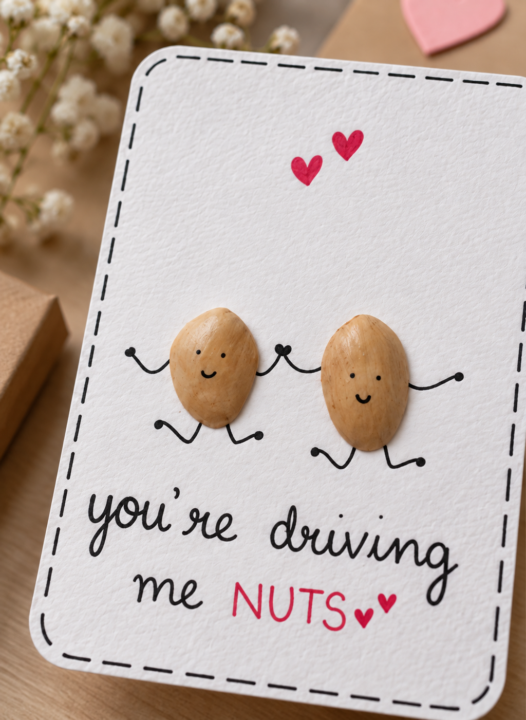 Close-up of a handmade funny love card showing two cute peanut characters, red hearts, textured cardstock, and the “You’re Driving Me Nuts” message.