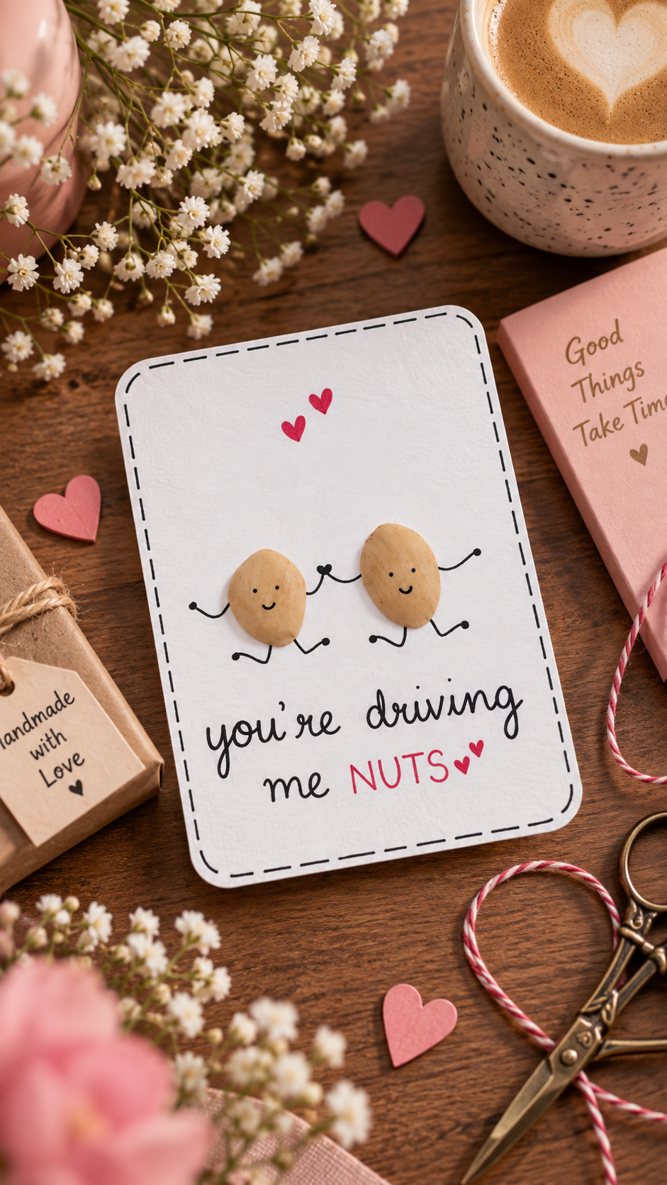 Handmade funny romantic greeting card styled on a creative workspace with two cute peanut characters and a “You’re Driving Me Nuts” message.