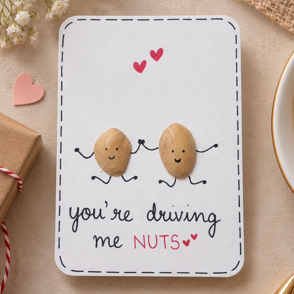 Handmade funny love greeting card featuring two cute peanut characters holding hands with the message “You’re Driving Me Nuts”.