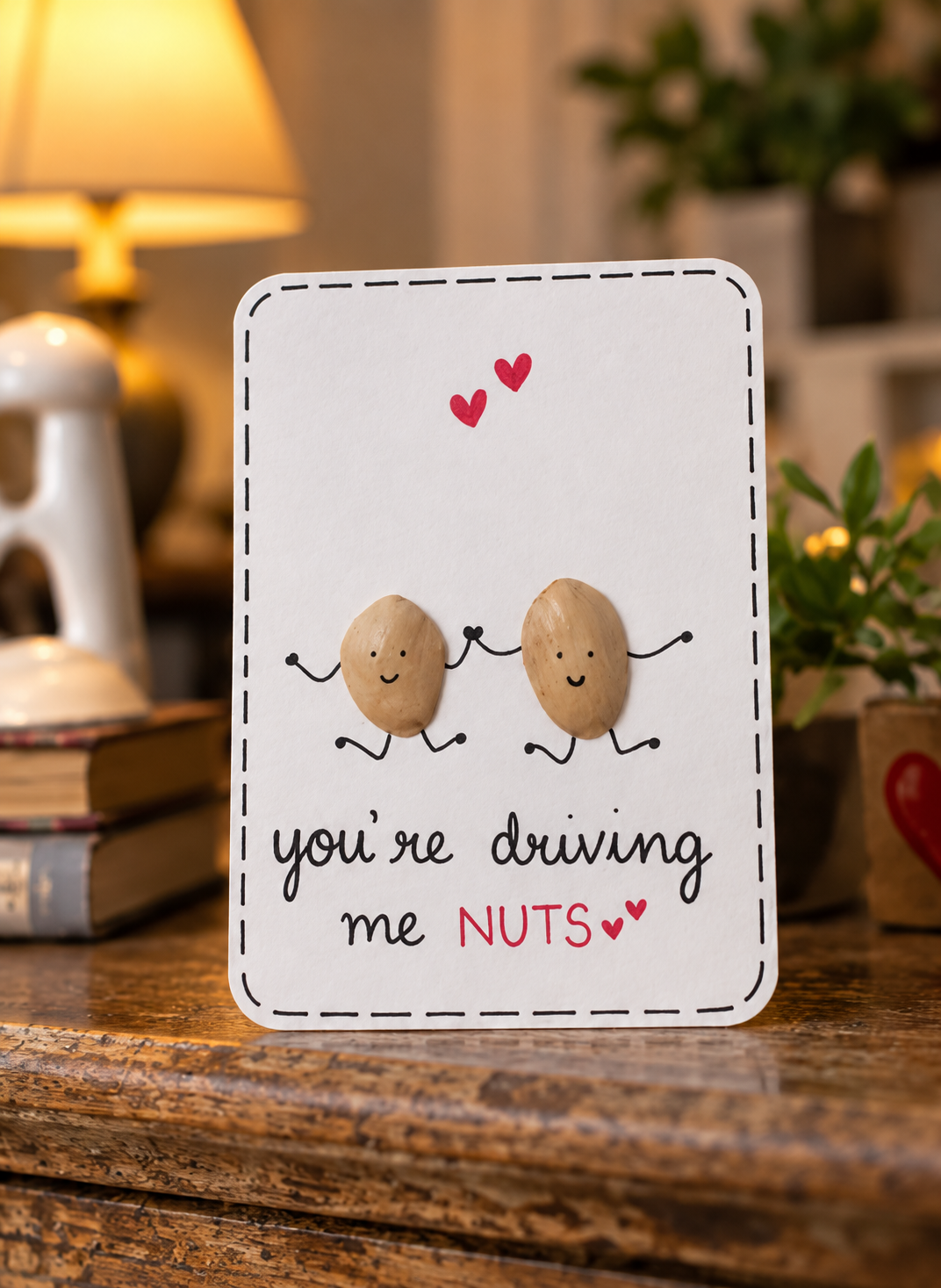 Handmade funny romantic greeting card displayed in a cozy setting, featuring two cute peanut characters and a playful “You’re Driving Me Nuts” message.